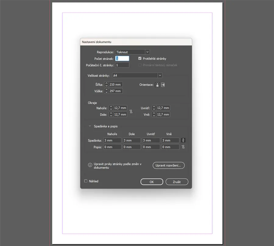 Adobe InDesign — Nastavenie dokumentu: čistý formát A4, spadávka 3 mm na každú stranu
