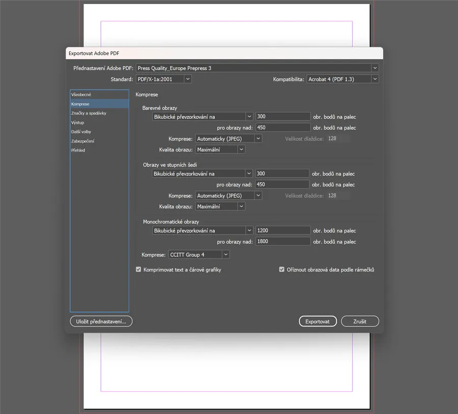 Export do Adobe PDF — záložka Kompresia: farebné a šedotónové obrazy 300 DPI, monochromatické 1200 DPI
