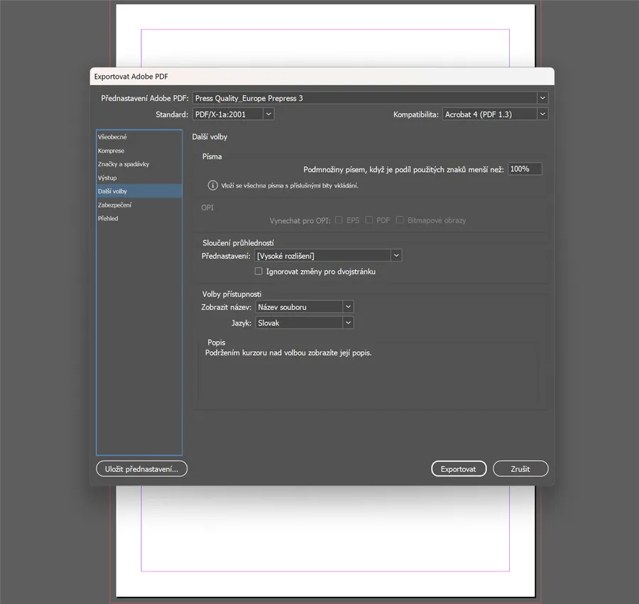 Export do Adobe PDF — záložka Ďalšie voľby: podmnožiny písiem keď je podiel znakov menší než 100 %