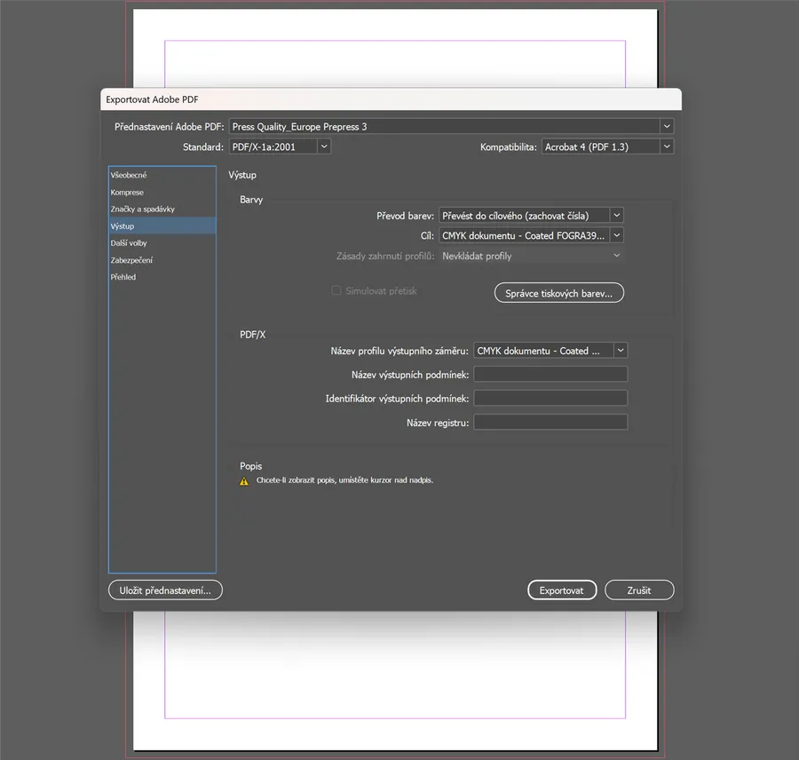 Export do Adobe PDF — záložka Výstup: cieľ CMYK Coated FOGRA39