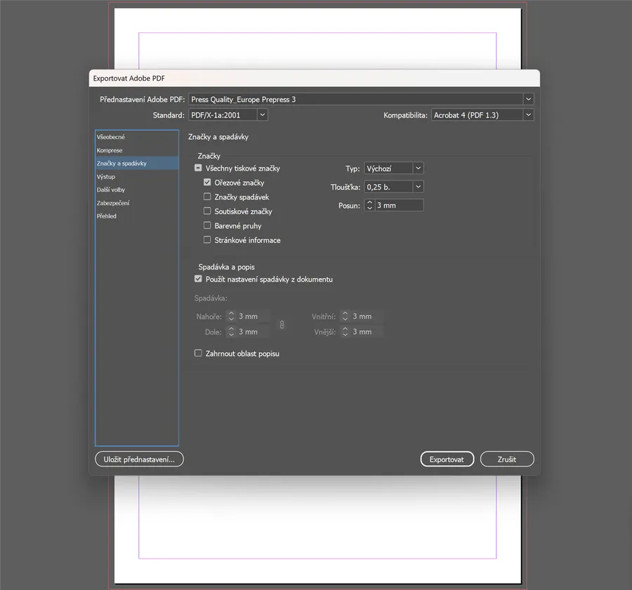 Export do Adobe PDF — záložka Značky a spadávky: orezové značky, posun 3 mm, použiť spadávku z dokumentu